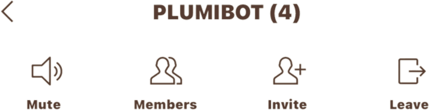 A LINE group named “PLUMIBOT (4)” with Mute, Members, Invite and Leave controls.