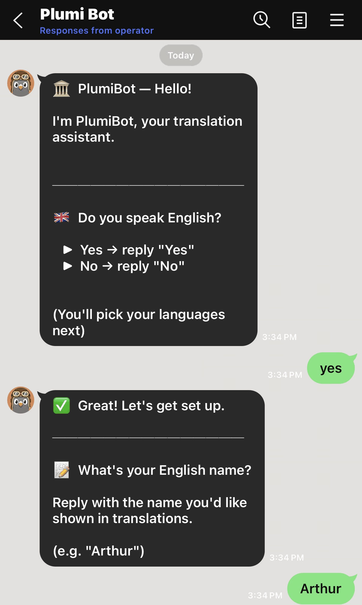PlumiBot’s onboarding DM: “I’m PlumiBot, your translation assistant. Do you speak English?”, answered “yes”, then “What’s your English name?”, answered “Arthur”.