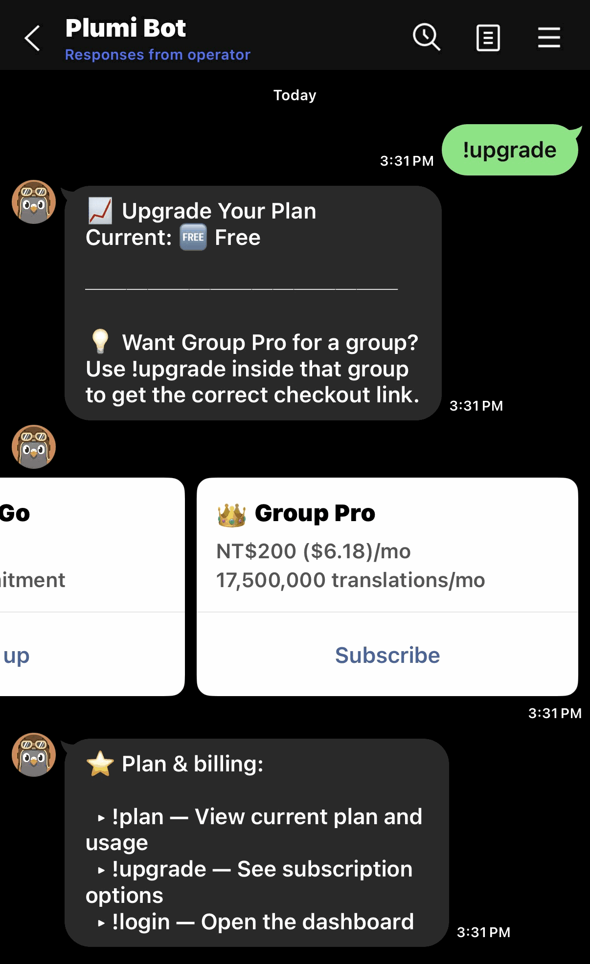 The !upgrade reply: “Upgrade Your Plan — Current: Free”, then a swipeable row of plan cards ending in Group Pro with a tappable Subscribe button, plus the !plan / !upgrade / !login commands.