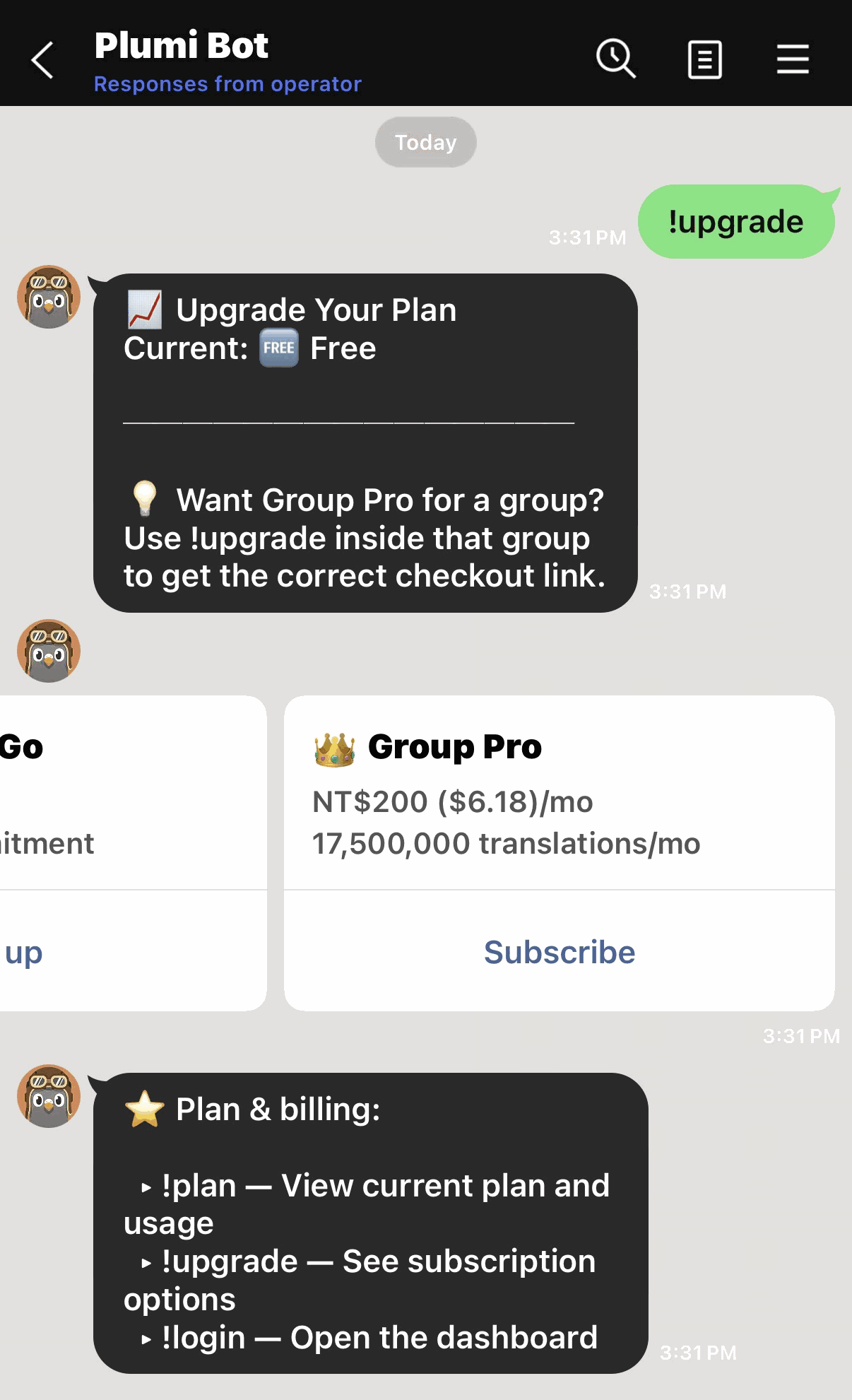 The !upgrade reply: “Upgrade Your Plan — Current: Free”, then a swipeable row of plan cards ending in Group Pro with a tappable Subscribe button, plus the !plan / !upgrade / !login commands.