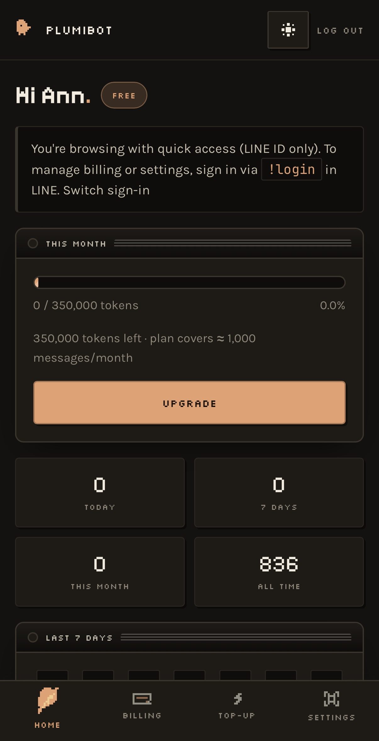 The web dashboard that card opens: “Hi Ann.” with a Free plan chip, a This month meter showing the tokens used out of the plan’s monthly allowance, activity tiles, and Home / Billing / Top-up / Settings tabs.
