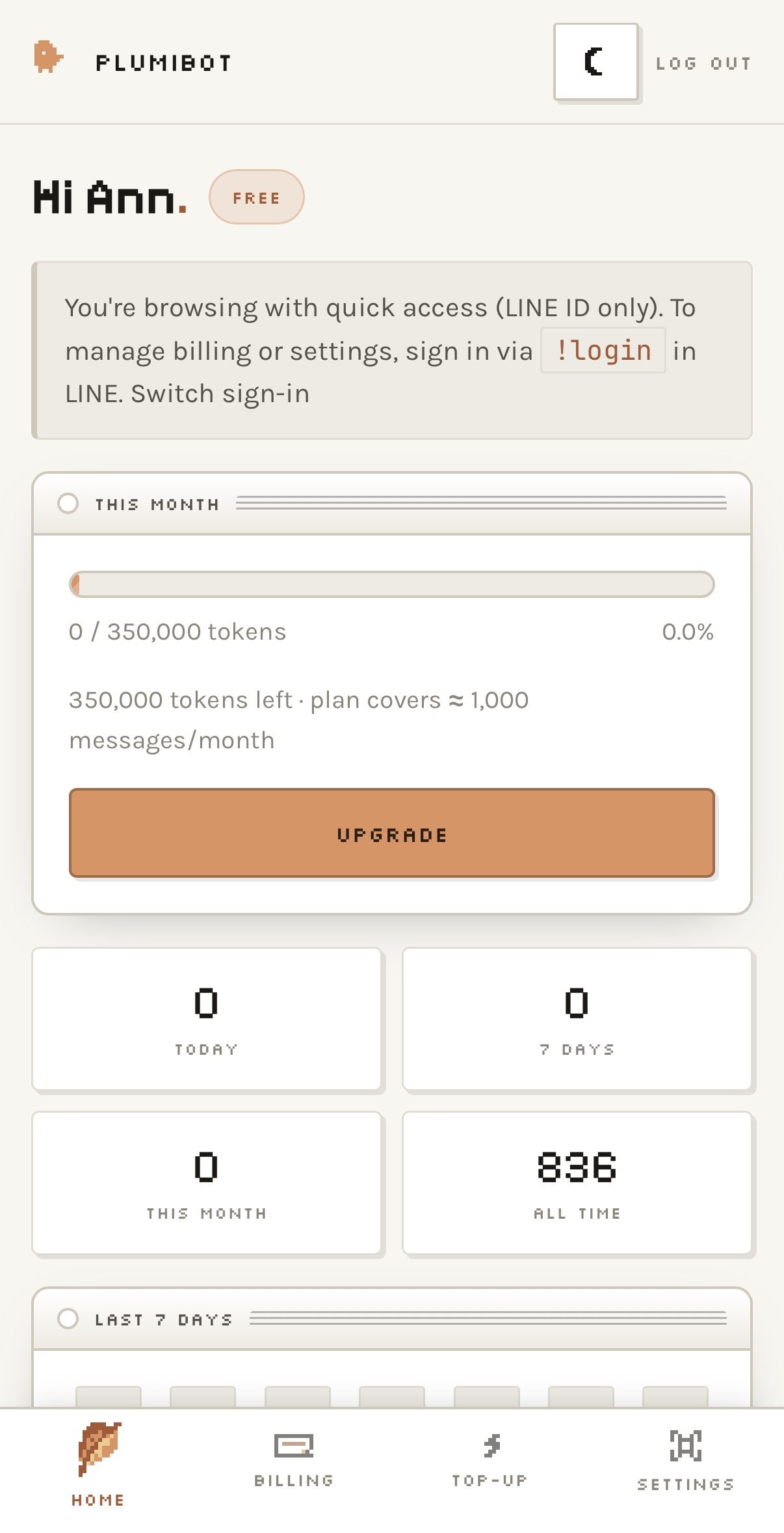 The web dashboard that card opens: “Hi Ann.” with a Free plan chip, a This month meter showing the tokens used out of the plan’s monthly allowance, activity tiles, and Home / Billing / Top-up / Settings tabs.