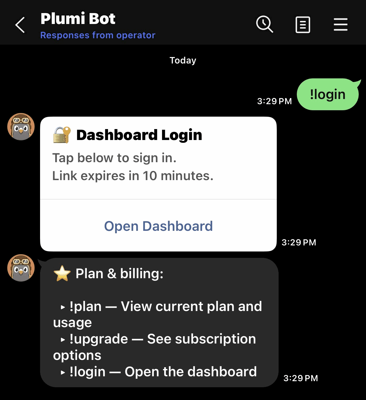 The !login reply in LINE: a “Dashboard Login” card reading “Tap below to sign in. Link expires in 10 minutes.” with an Open Dashboard button.