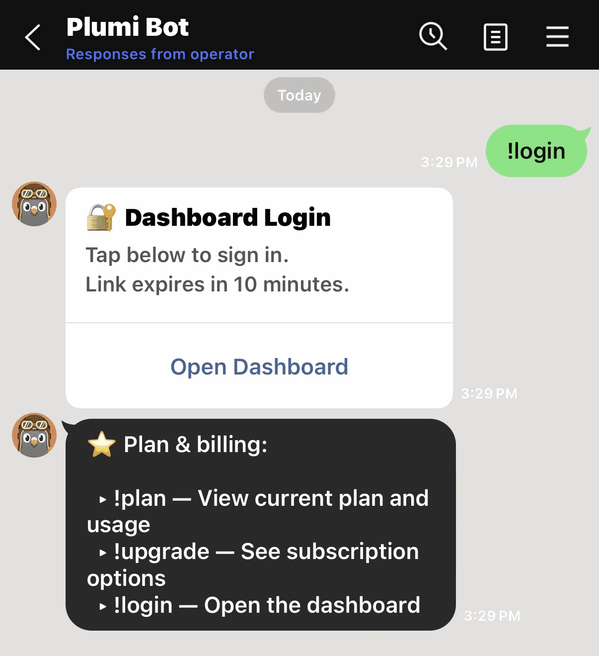 The !login reply in LINE: a “Dashboard Login” card reading “Tap below to sign in. Link expires in 10 minutes.” with an Open Dashboard button.